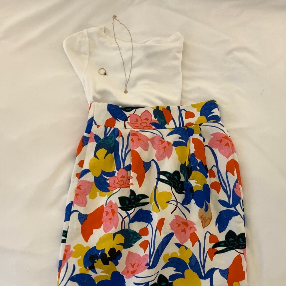 J. Crew Floral Midi Skirt in White, Blue, Pink, Yellow, Orange